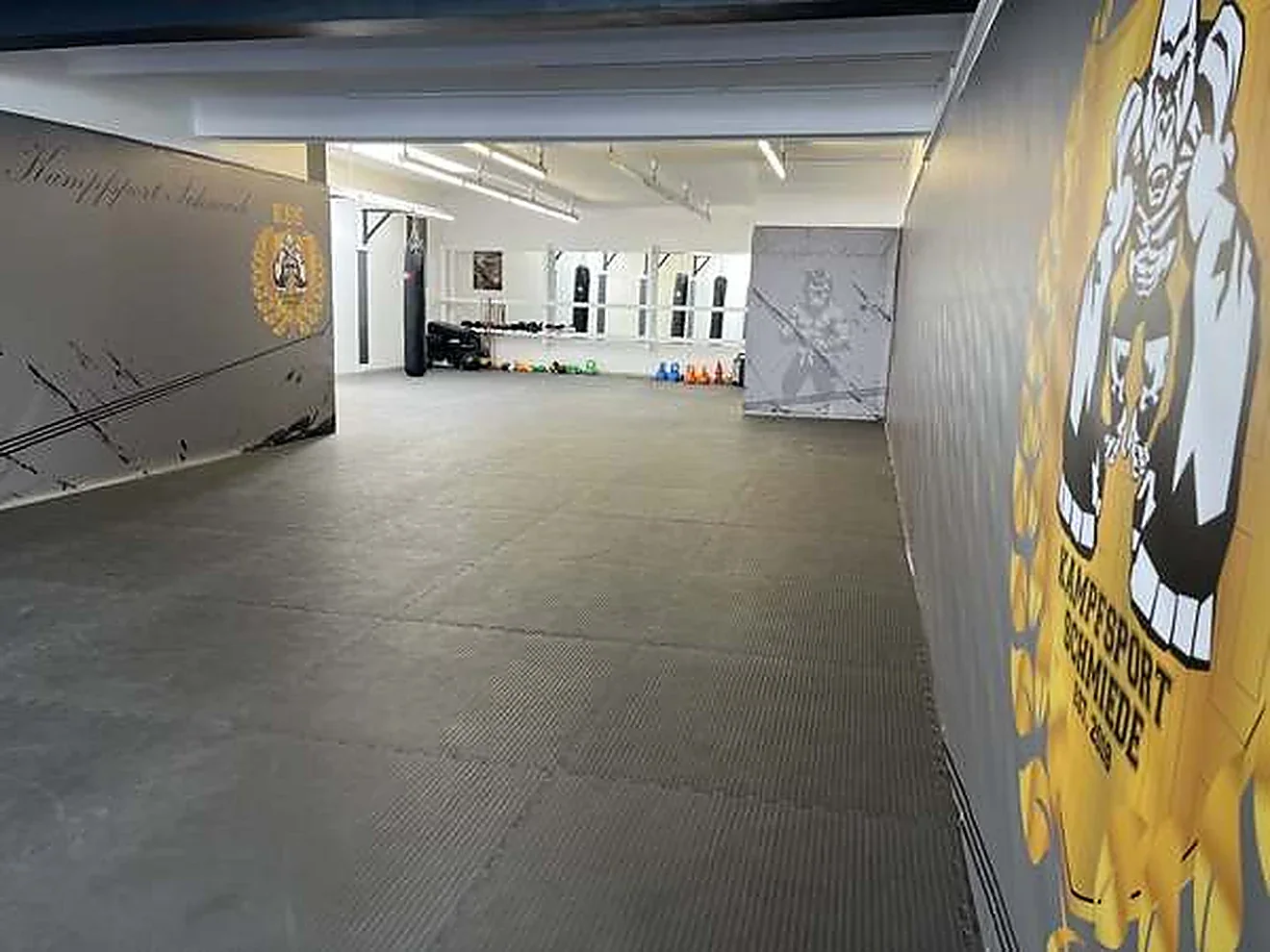 Trainingsfläche der Kampfsport Schmiede Bad Friedrichshall mit Wandgrafik